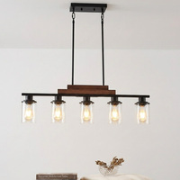 Luminaire de cuisine et salle à manger à 5 lumières LED noires longues avec abat-jour en verre, hauteur réglable, E26
