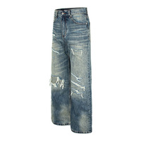 Celana Denim Gaya Retro Amerika dengan Efek Usang dan Tambalan Jahitan Tangan - Celana Pria dan Wanita yang Tahan Lama.