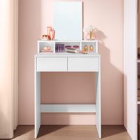 Table de toilette blanche moderne avec grand miroir, 2 tiroirs, 3 compartiments