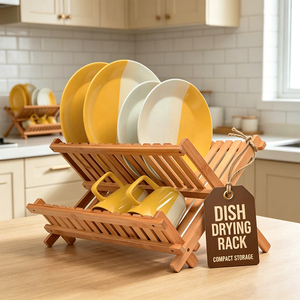 Escurridor de Platos Plegable de Madera Natural, Ideal para Cocinas Pequeñas, Apartamentos y Autocaravanas, Soporta Platos, Tazas, Utensilios y Secado Rápido - Product Image 1