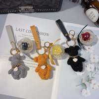 Porte-clés ours brillant tricoté à la main, de luxe, en fleur naturelle, pour femmes, sac à lanière, breloques de cadeau de Couple, livraison gratuite