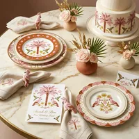 Service d'assiettes en céramique avec décalcomanie Or Rose, Porcelaine Exotique, Motif Cacatou et Palmier, Vaisselle pour Mariages, Boutiques et Vente en Gros