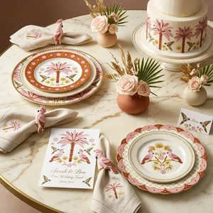 Juego <span class=keywords><strong>de</strong></span> Platos <span class=keywords><strong>de</strong></span> Cerámica con Calcomanía Rosa Dorada, Porcelana Exótica con Diseño <span class=keywords><strong>de</strong></span> Cacatúa y Palmera, Vajilla para Bodas y Boutiques, Venta al por Mayor - Product Image 6