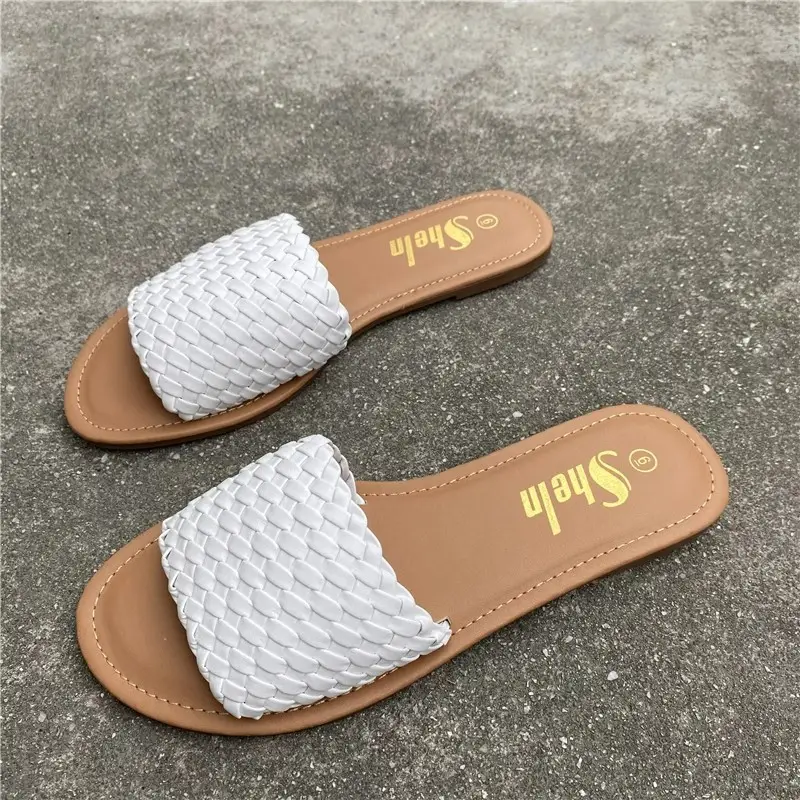 Zapatillas tejidas a la moda 2024, Sandalias planas informales para mujer, calzado de playa de verano