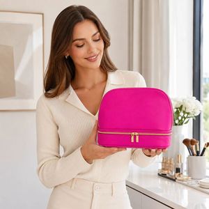 Fashion Saffiano PU Cosmetic <b>Case</b> Large Capacity Double Compartment <b>Makeup</b> Storage Bag for Travel and Home - Product Image 4