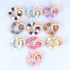 Pulseira de brinquedo para crianças, de alta qualidade, em massa, silicone, miçangas, anel de madeira, mordedor, pulseira para bebê, de qualidade alimentar, brinquedo