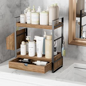 2-Tier Multifunction Standing Type Bathroom Counter Organizer Drawer <b>Basket</b> Wood Countertop <b>Storage</b> Skincare Organizers Vanity - Product Image 2