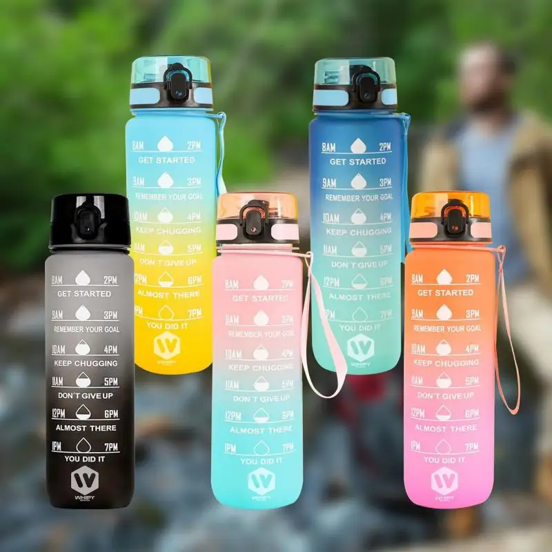 Colador de paja de plástico personalizado filtro gimnasio deportes 1000ml 1L 32 oz 32 oz botella de agua Tritan motivacional sin BPA con marcador de tiempo