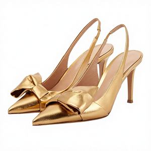 Chaussures compensées de luxe dorées métallisées pour femme 2026, à bout pointu, à enfiler, avec nœud, ultra-hautes, en satin, pour printemps, été, automne - Product Image 2