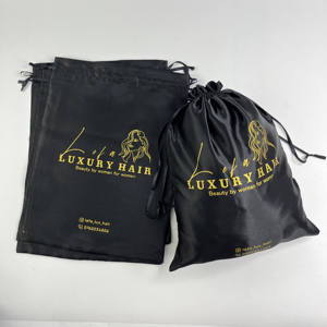 Bolsas de Satén Negras Personalizadas de Primera Calidad con Cordón y Estampado Dorado - Empaque para Extensiones de Cabello y Pelucas - Product Image 5
