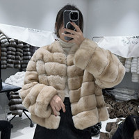 Manteau en fourrure de lapin Rex véritable pour femme, hiver, épais et chaud, design côtelé horizontal, veste courte, vêtement d'extérieur en fourrure à la mode pour femme