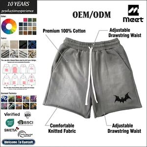 Shorts de survêtement tricotés 100% Coton 240g personnalisés, imprimé graphique chauve-souris, cordon de serrage, taille mi-haute élastique, ourlet brut, coupe oversize, style décontracté urbain - Product Image 1