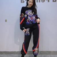 Ensemble tendance deux pièces pour femme, grande taille, pull en tricot à sequins motif dessin animé et pantalon de sport, orné de strass thermocollés, collection automne LFF-6580