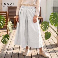 Pantalon Gaucho Culotte en Toile de Coton Slub Blanc Taille Haute Élastique Style Lagenlook Minimaliste Japonais Longueur Cheville Jambe Large LANZI