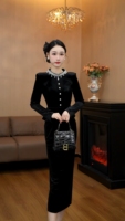 Robe longue en velours tissé perlé haut de gamme française 6810 Moonlight Pearl - Vêtement automne/hiver