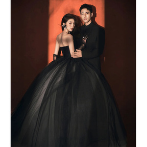 Black Strapless Ball Gown Chiffon Natural Waist Mesh Evening Dress For Banquet Birthday Wedding - Product Image 4