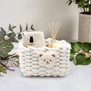 Panier de rangement rectangulaire en coton tressé à motif ours, écologique, blanc, pour salle de bain, bureau, coiffeuse, armoires - Product Image 5