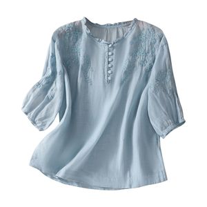 M-XXL Chinesischer Stil Damenbluse Baumwolle Leinen Vintage Stickerei Blusen Lose Kurze Damen-Tops Sommer V-Ausschnitt Kleidung - Product Image 4