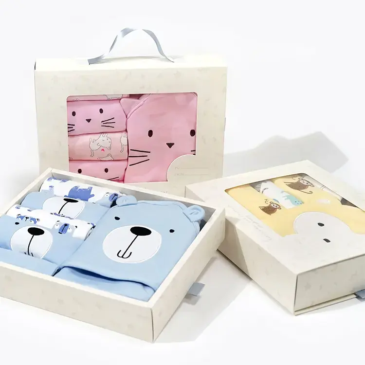 2023 Wholesale Luxury Baby Boy Clothes Shirt Socks Paper Gift Packaging Clothing Box Bag with Window Baby Clothes Packaging