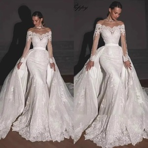 Off Shoulder Mermaid Wedding Dress With Lace Train And Backless Design For Bridal Wear - Product Image 1