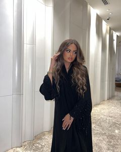 Черная абайя 2026, открытая абайя, к празднику Ид аль-Фитр, ручная работа, с черными бусинами на рукавах, длинное платье для мусульманок, джалабия - Product Image 4