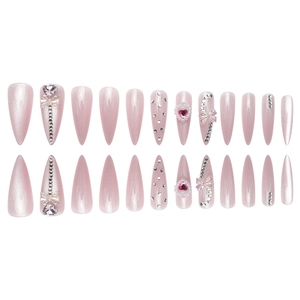 Suministros para <span class=keywords><strong>uñas</strong></span> 24 piezas Stiletto largo Cateyes Color Rosa Press-on acrílico francés <span class=keywords><strong>uñas</strong></span> postizas arte <span class=keywords><strong>con</strong></span> lazo 3D cromo <span class=keywords><strong>corazones</strong></span> joyería - Product Image 3