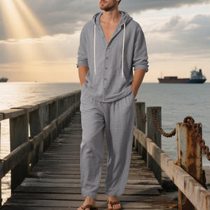 Ensemble pantalon et sweat à capuche en lin pour homme MGTZ10DF161, coupe ample, décontracté, manches longues, pour le printemps et l'automne - Product Image 6