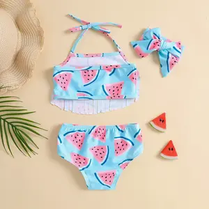 Girls Swimsuits,New Arrivals Wholesale Girls 3 Piece Swim Set Watermelon Tassels Kids Bow Knot Cute Beach Wear