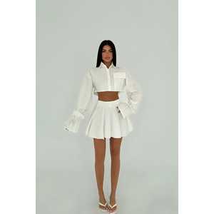 Jila <b>White</b> Two-Piece Club <b>Set</b> Mini <b>Skirt</b> <b>and</b> Bow Collar <b>Top</b> Above Knee Length Shorts <b>Set</b> - Product Image 2