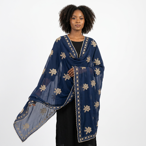 Women Navy Blue <b>Chiffon</b> Viscose Shawl Floral Embroidered Rhinestone Lightweight Breathable Ethnic <b>Scarf</b> Modest Wear Daily Wrap - Product Image 1