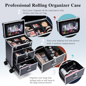 Large Cosmetic Trolley with <b>Makeup</b> Pouch Professional Rolling <b>Makeup</b> Train <b>Case</b> with Drawers Traveling Nail Organizer Train <b>Case</b> - Product Image 2