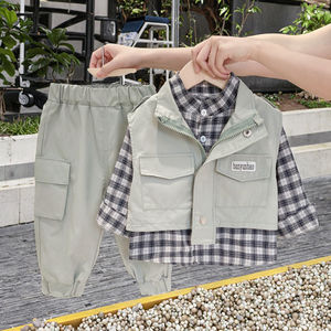 Spring Autumn Long Sleeve Lapel Plaid Shirt Sleeveless Vest <b>Coat</b> Solid Color Overalls Three Pieces Boys Clothes Suit Sporty - Product Image 3