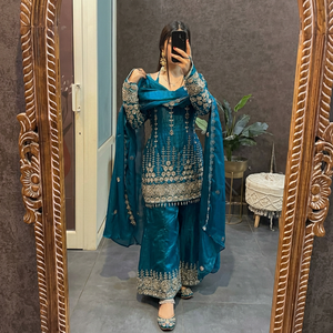 Teal Embroidered Silk Anarkali <b>Suit</b> With Dupatta Floor-Length Traditional Indian Pakistani <b>Women's</b> Wear <b>Wedding</b> <b>Dress</b> - Product Image 1