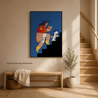 Décoration murale moderne : portrait de dessin animé homme avec chien sur escalier, peinture sur toile, illustration colorée et plate, impression pour salon et décoration intérieure