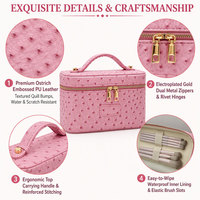 Trousse de Toilette Rose en Cuir PU Grain d'Autruche avec Poignée et Fermeture Éclair Dorée, Porte-Pinceaux pour Femme, Trousse de Voyage, Coffret Cadeau