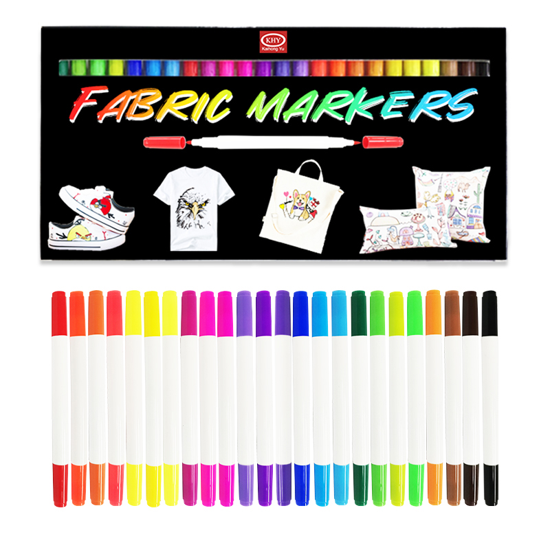 KHY 24 Colors Textile Wholesale Non Toxic Art Color For Printing On T-Shirt Dual Tip Permanent Clothes Paint Fabric Marker Pens