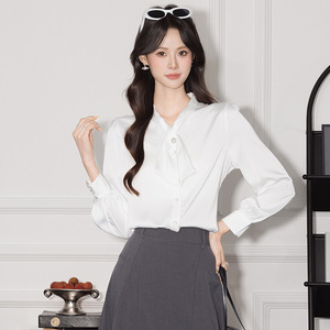 White Satin Shirt Long Sleeve Solid Color Ribbon Detail Work Blouse Women's Formal Wear Q6697 - Product Image 1