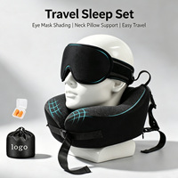 JYM-U260-1 Oreiller de voyage en mousse à mémoire de forme 3D profilé en U et masque de sommeil combo 360 °   Coussin de soutien pour la tête et le cou, empêche la tête de se pencher, noir