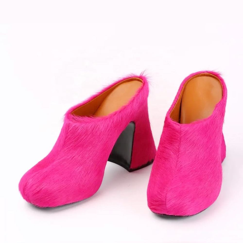 High Chunky Heels Women Fluffy Fur Sandals Dress Slip On