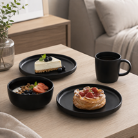 Service de table en céramique grès noir mat de luxe, assiettes à dîner modernes, bols à soupe, tasses, résistant au lave-vaisselle et à la chaleur