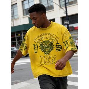 T-shirt pour homme vintage usé, effet vieilli, impression numérique personnalisée OEM, 100% coton, coupe ample, style streetwear - Product Image 3