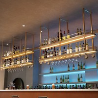 Porte-verres à vin suspendu en fer forgé sur mesure avec bande lumineuse LED pour armoire de restaurant