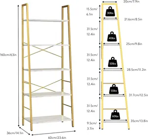رف كتب، رف سلم 5 مستويات لغرفة النوم، رفوف كتب صناعية رف تخزين مع إطار معدني للمنزل المكتب الذهبي