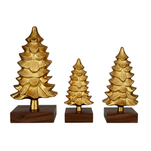 Textured Gold Metal Christmas <b>Trees</b> on Wooden Bases (Set of 3) warm holiday traditions with mid-century modern sophistication - Product Image 1