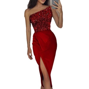 <b>Red</b> <b>Sequined</b> One-Shoulder Mid-Length Evening Dress Elegant Formal Wear - Product Image 5