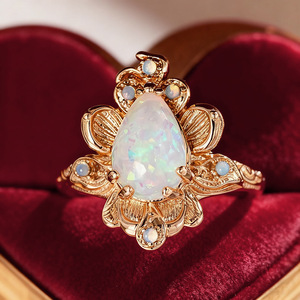 Anillo de cóctel con flor A071 para mujer, con ópalo natural en forma de pera y engaste de garra, anillos de moda para boda - Product Image 6