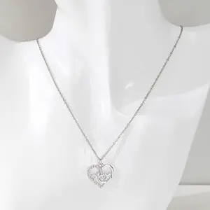 Fashionable And Romantic Silver Ladies Waterproof Inlaid With Rhinestones Heart Letter Mom Pendant Necklace Mother's Day Gift