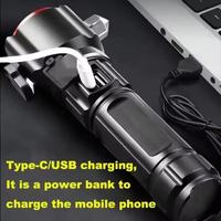 Senter Taktis Multifungsi USB Isi Ulang dengan Palu Pengaman, Lampu Samping COB, Lampu Peringatan Merah Biru
