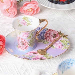 Tasse et soucoupe en émail de haute qualité, style simplicité moderne, motif floral et oiseaux rose, avec cuillère incluse - Product Image 4