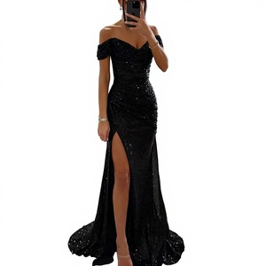 여성의 우아한 여름 파티 원피스 섹시한 한 문자 칼라 이브닝 가운 스팽글 통기성 바닥 길이 분할 원피스 새로운 솔리드 - Product Image 6